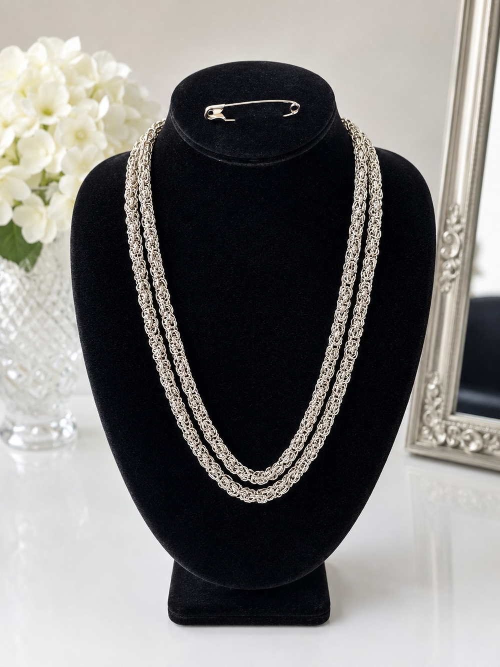 Silver Tone 2 Strand Byzantine Chain Necklace Statement Necklace